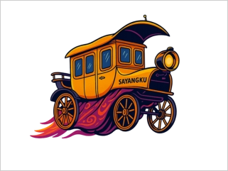 Eine bunte fliegende Postkutsche mit der Andeutung eines pink-gemusterten Rocks