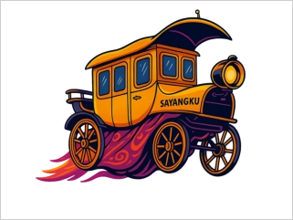 Eine bunte fliegende Postkutsche mit der Andeutung eines pink-gemusterten Rocks