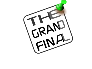 Logo "The Grand Final" als Schild, das mit einem grün Pin befestigt ist